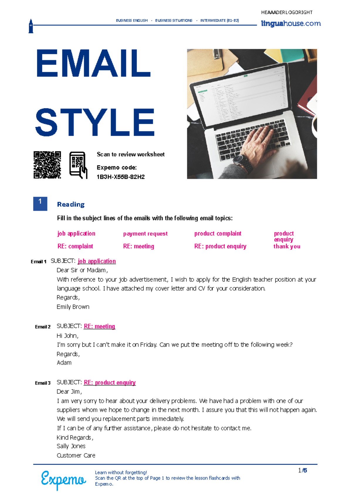 Intermediate (B1-B2) English: Email Style Guide and Examples - Studocu