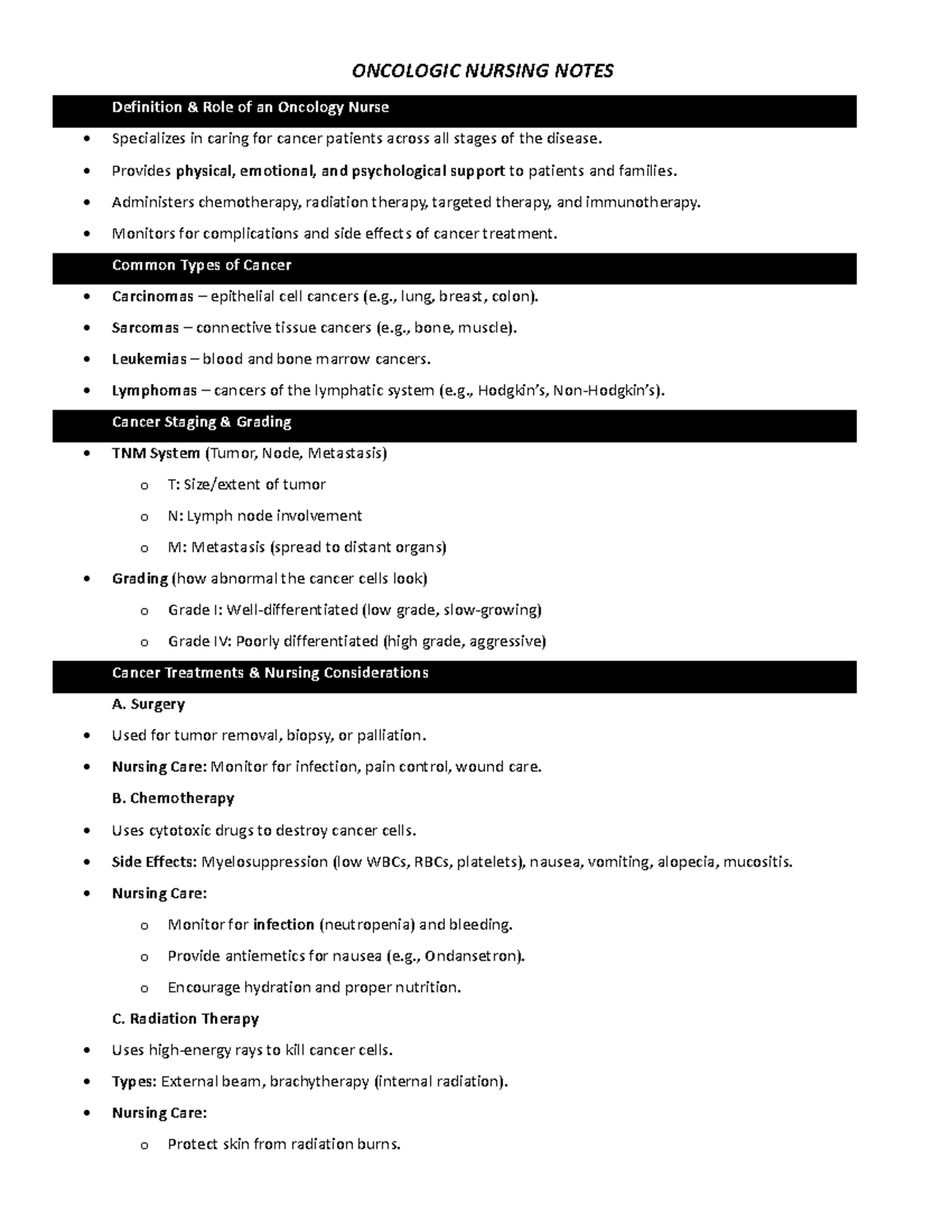 Oncologic Nursing Notes: Key Concepts and Patient Care Strategies - Studocu