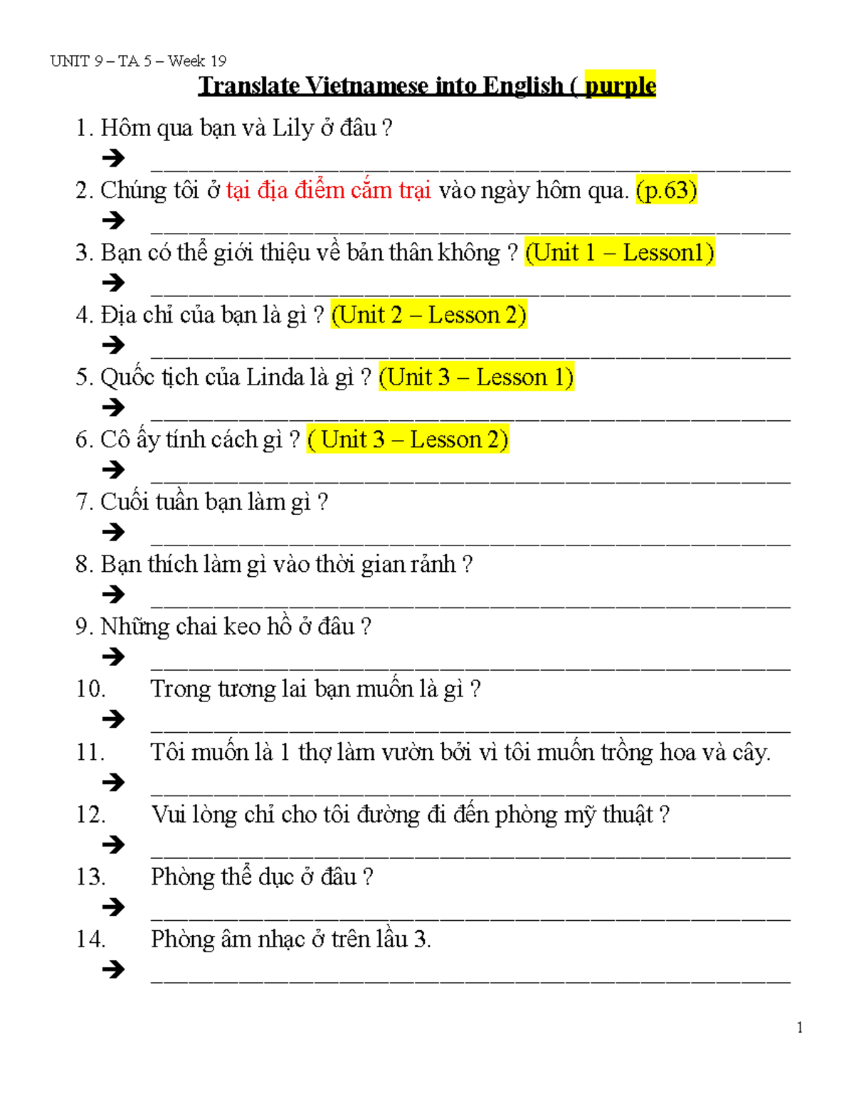 UNIT 9 TA 5 Week 19: Vietnamese to English Translation Exercises - Studocu