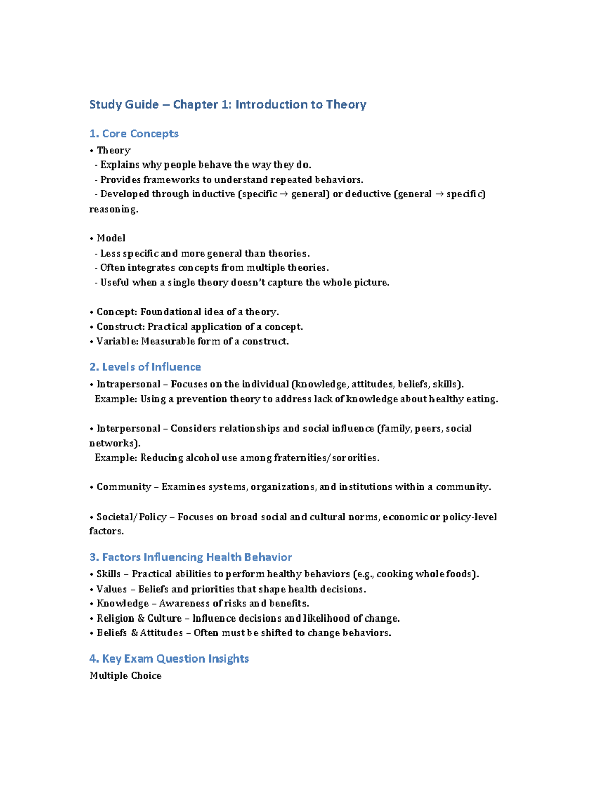 Study Guide CH1: Intro to Theory & Models - Key Concepts - Studocu