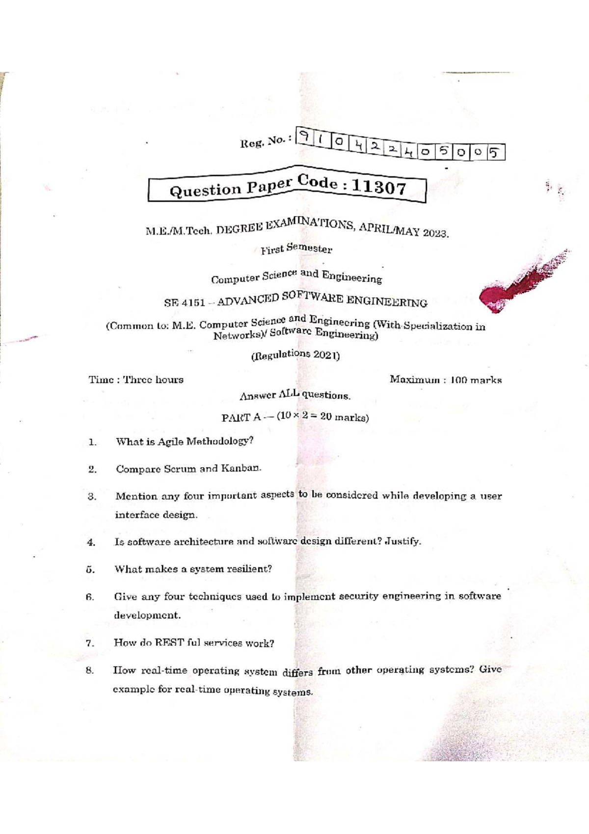 SE4151 R2021 - Advanced Software Engineering Exam Questions and Answers ...