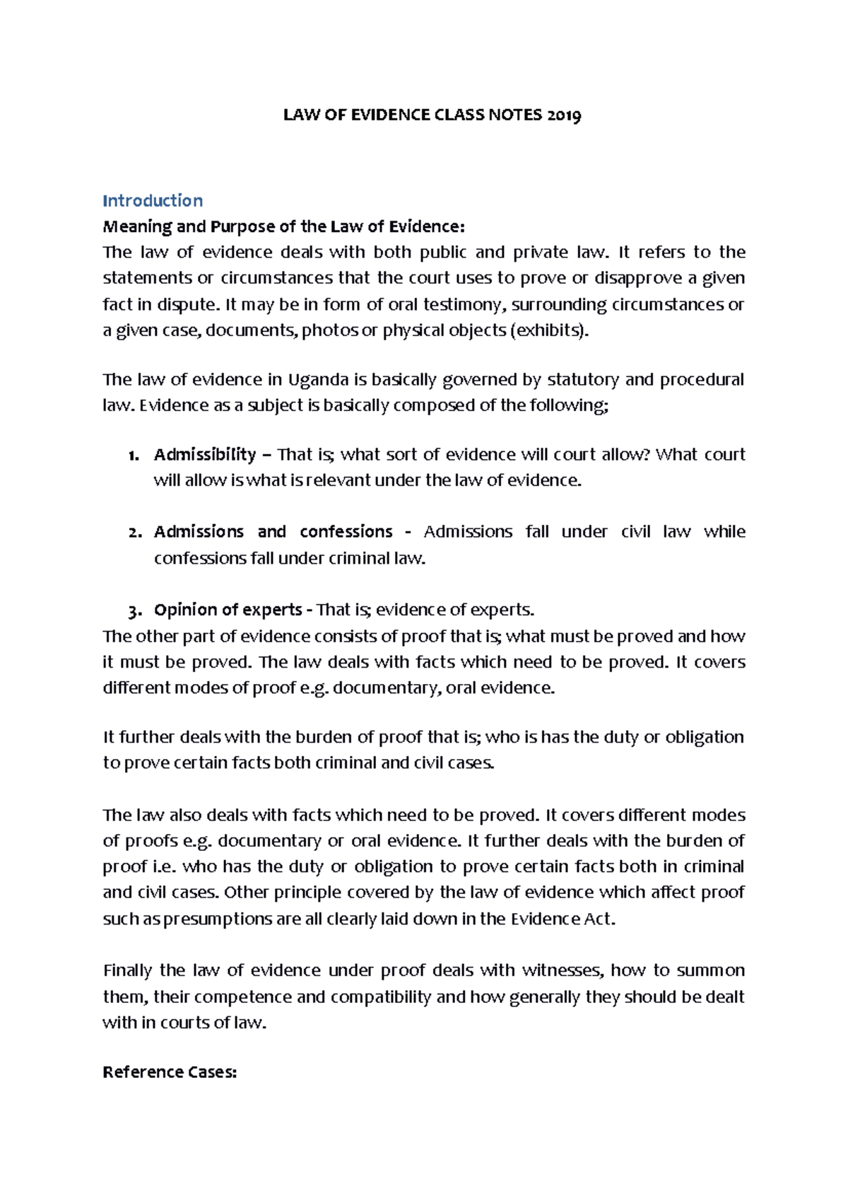 LAW OF EVIDENCE Class Notes - Key Concepts & Principles (2019) - Studocu