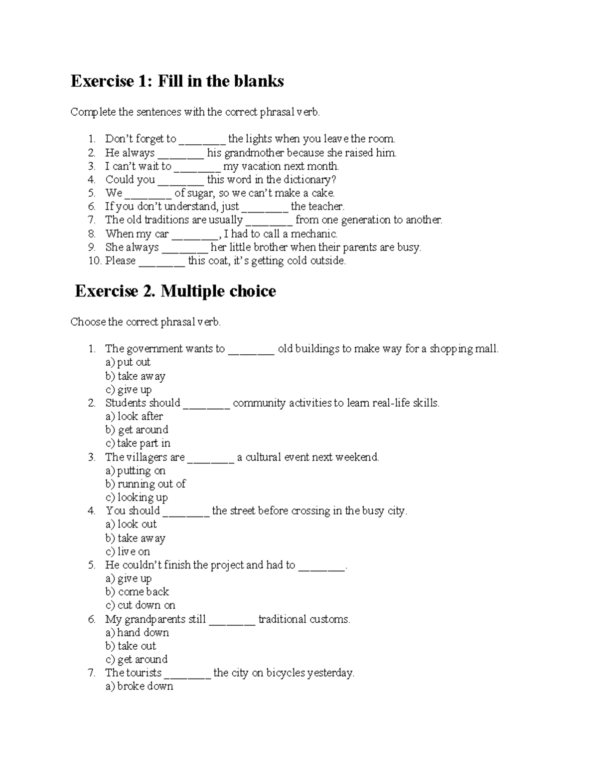 Exercise 1: Phrasal Verbs Fill-in-the-Blanks & MCQ - Studocu