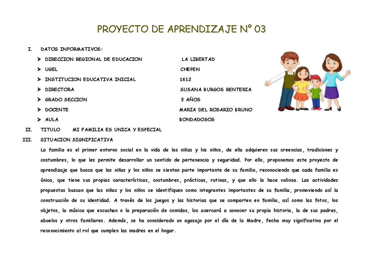 Proyecto N° 3: Mi Familia Única y Especial - Apoyo al Docente - Studocu