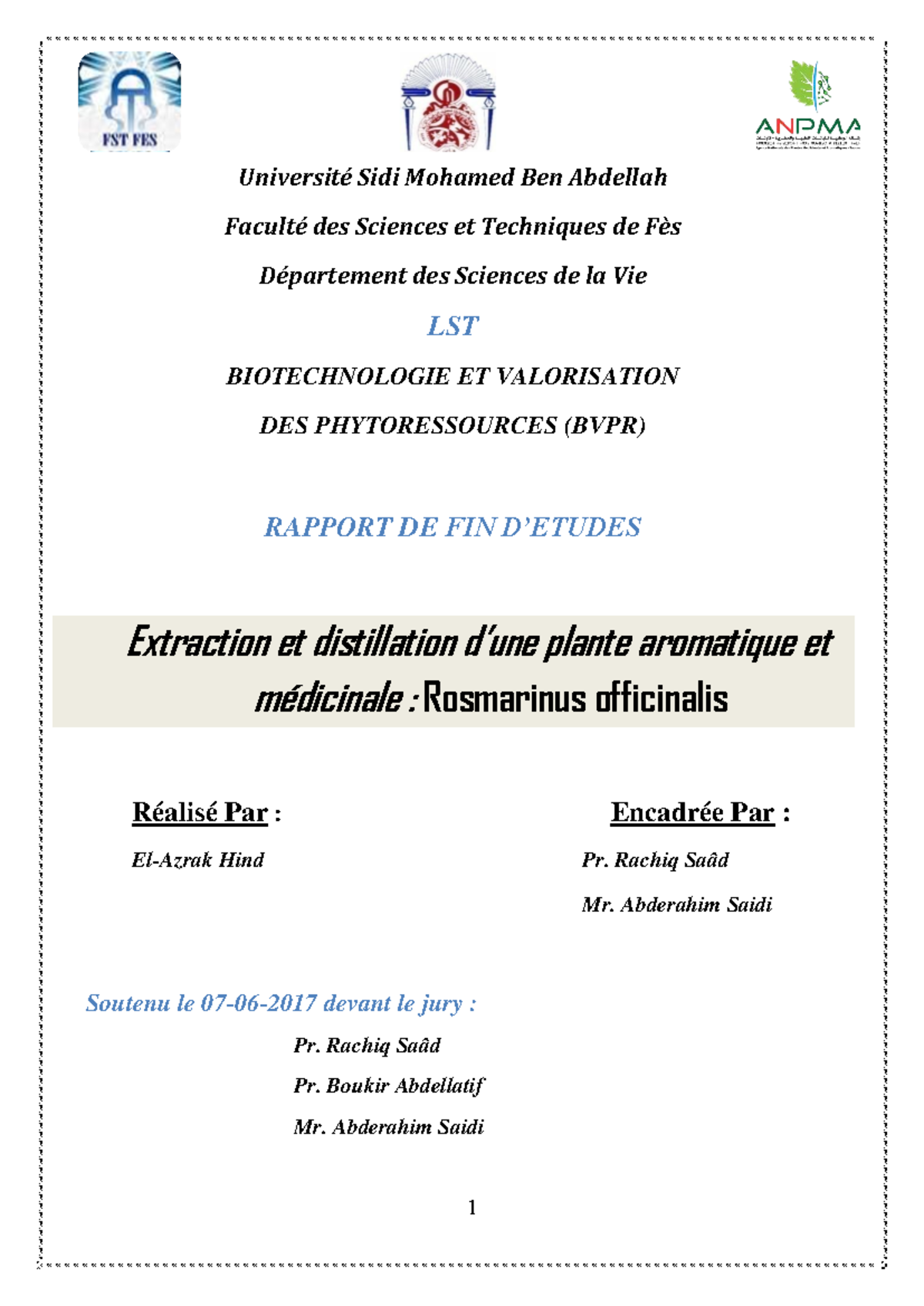 Extraction et Distillation de Rosmarinus officinalis - PFE LST-BVPR ...