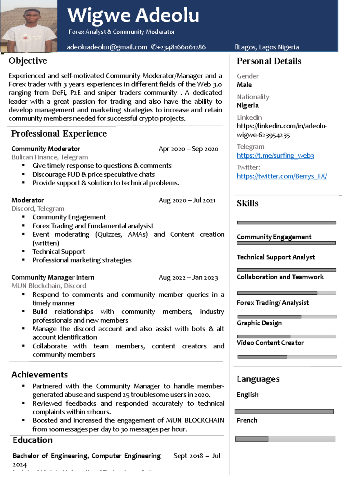 Wigwe Adeolu - Forex Analyst & Community Moderator Resume - Studocu
