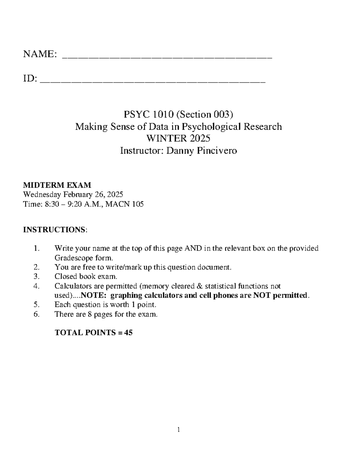 PSYC 1010 Midterm Exam - Making Sense of Data in Psych Research W25 ...