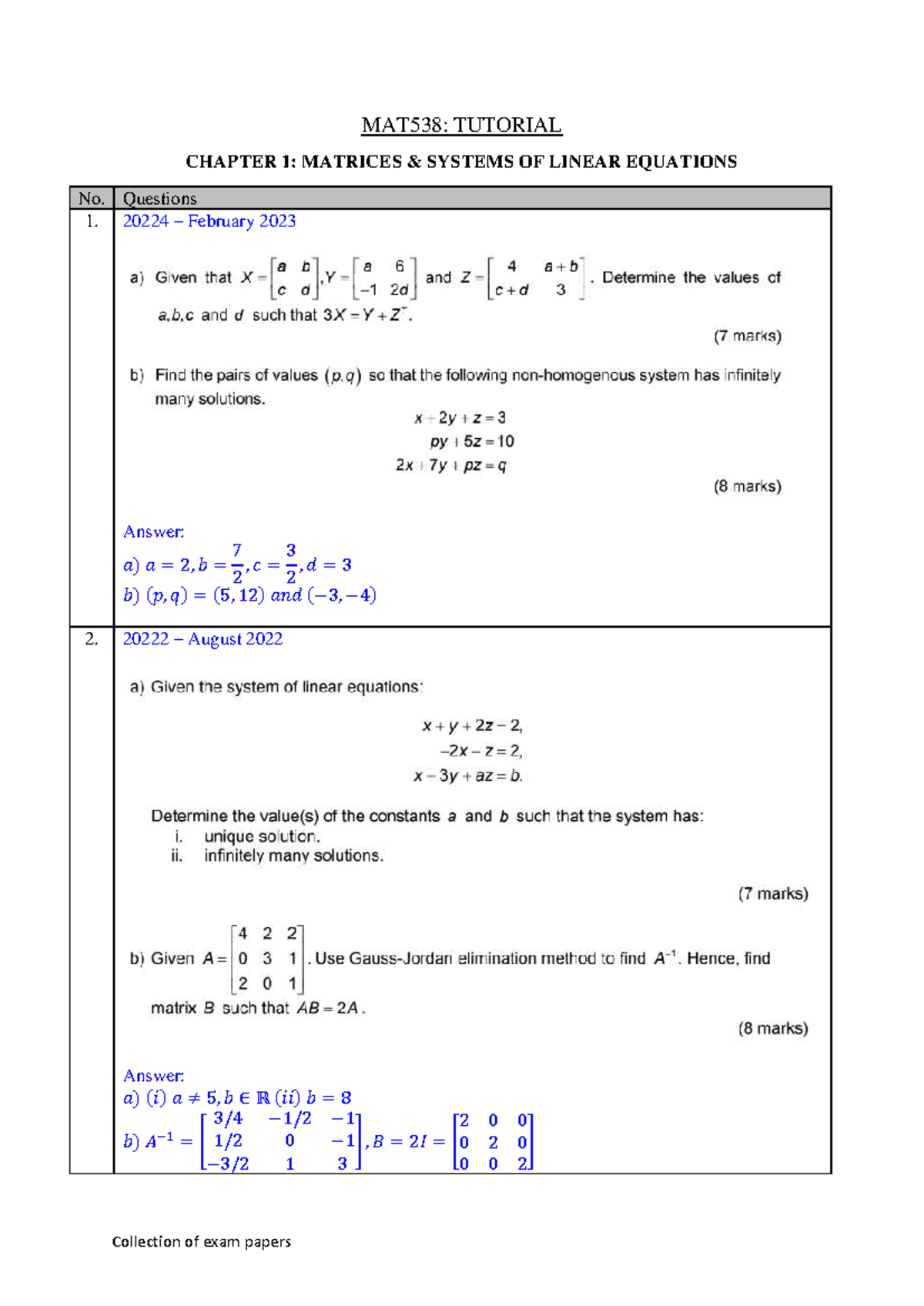 MAT538: Tutorial Chapter 1 - Matrices & Linear Equations Questions ...