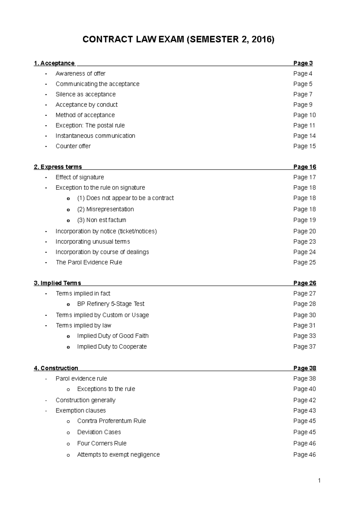 Contract Law - Final Exam Notes Overview (Semester 2, 2016) - Studocu