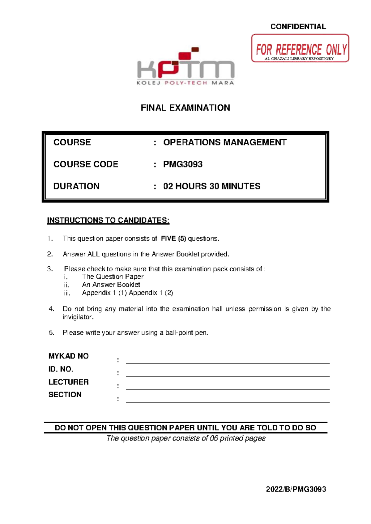 PMG3093 Final Exam - Operations Management Question Paper - Studocu