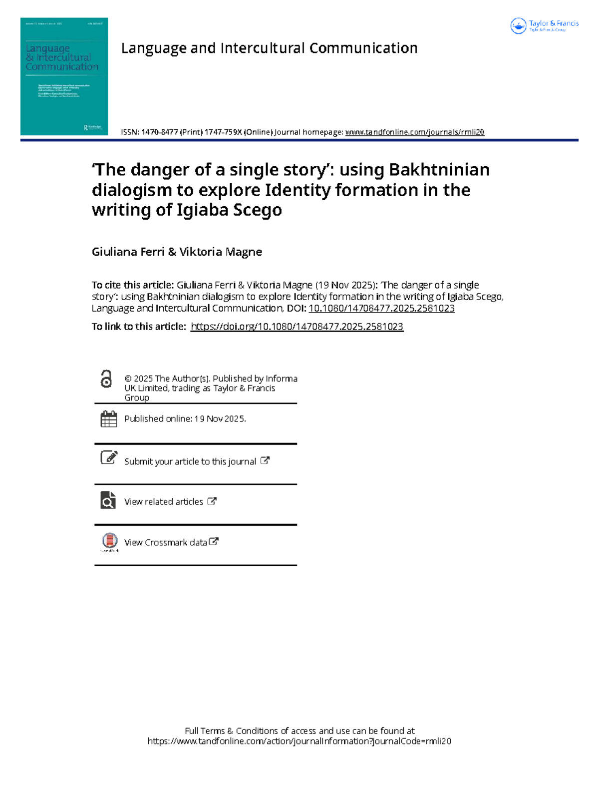 The Danger of a Single Story: Bakhtinian Dialogism in Igiaba Scego's ...