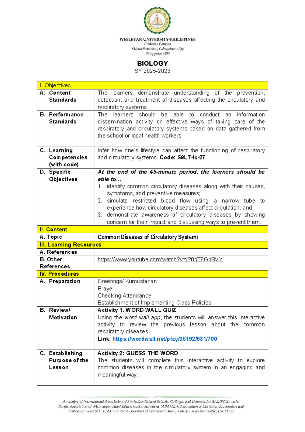 BIOLOGY SY I: Lesson Plan on Circulatory Diseases and Prevention - Studocu