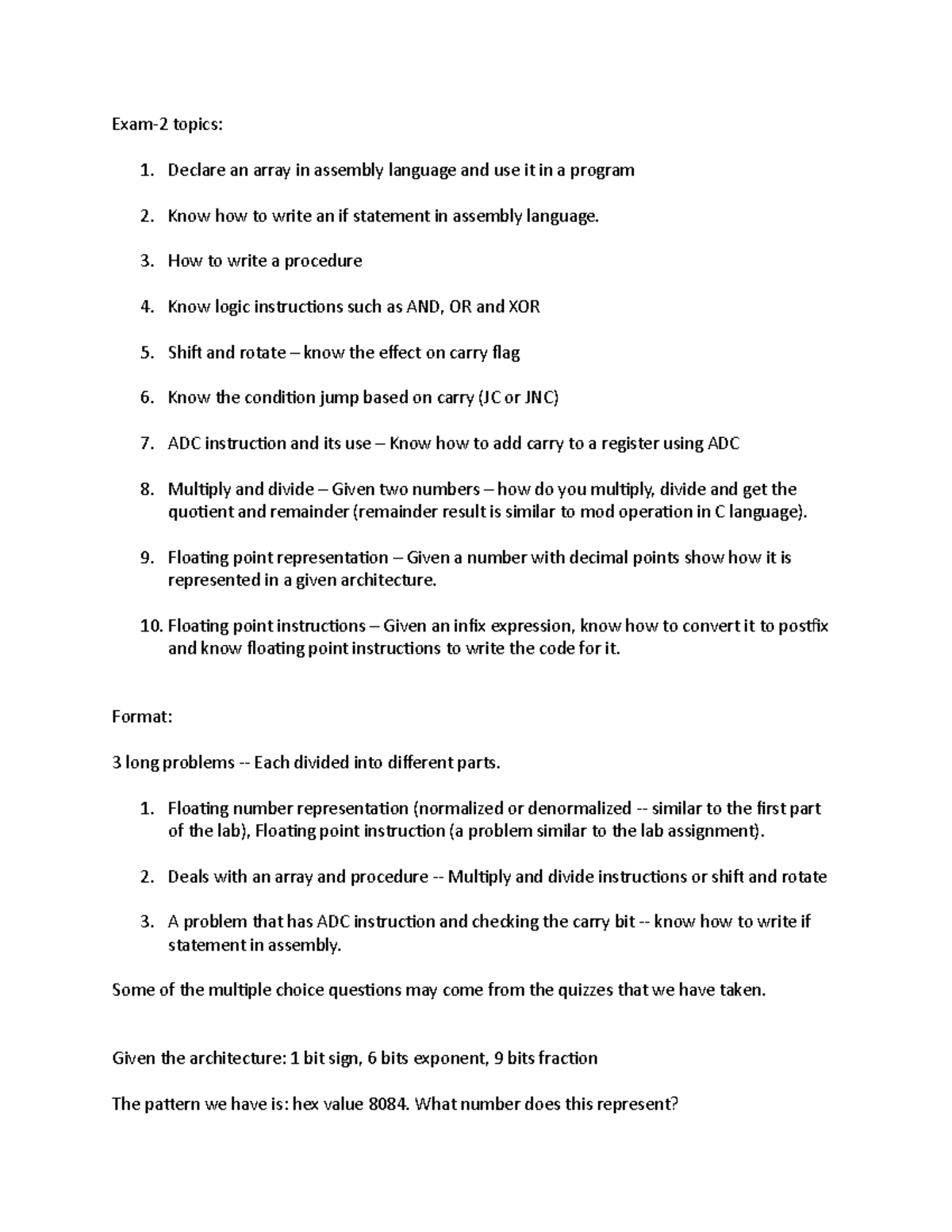 Midterm 2 Topics: Assembly Language & Floating Point Concepts - Studocu