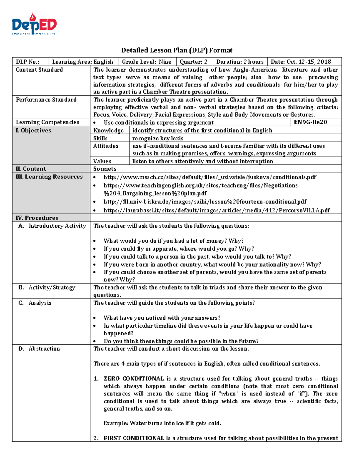 DLP: Detailed Lesson Plan on Conditionals for English Grade 9 - Studocu