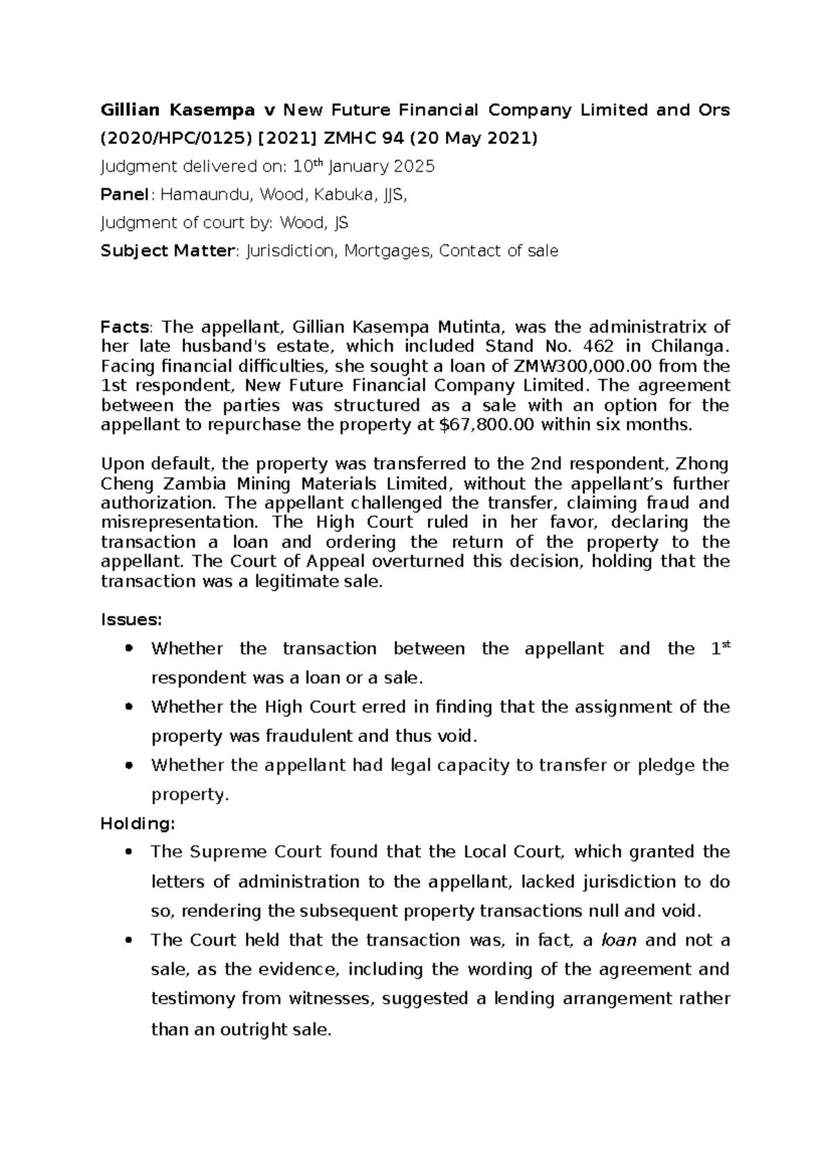 Gillian Kasempa v NFF (2025): Summary of Key Judgment Details - Studocu
