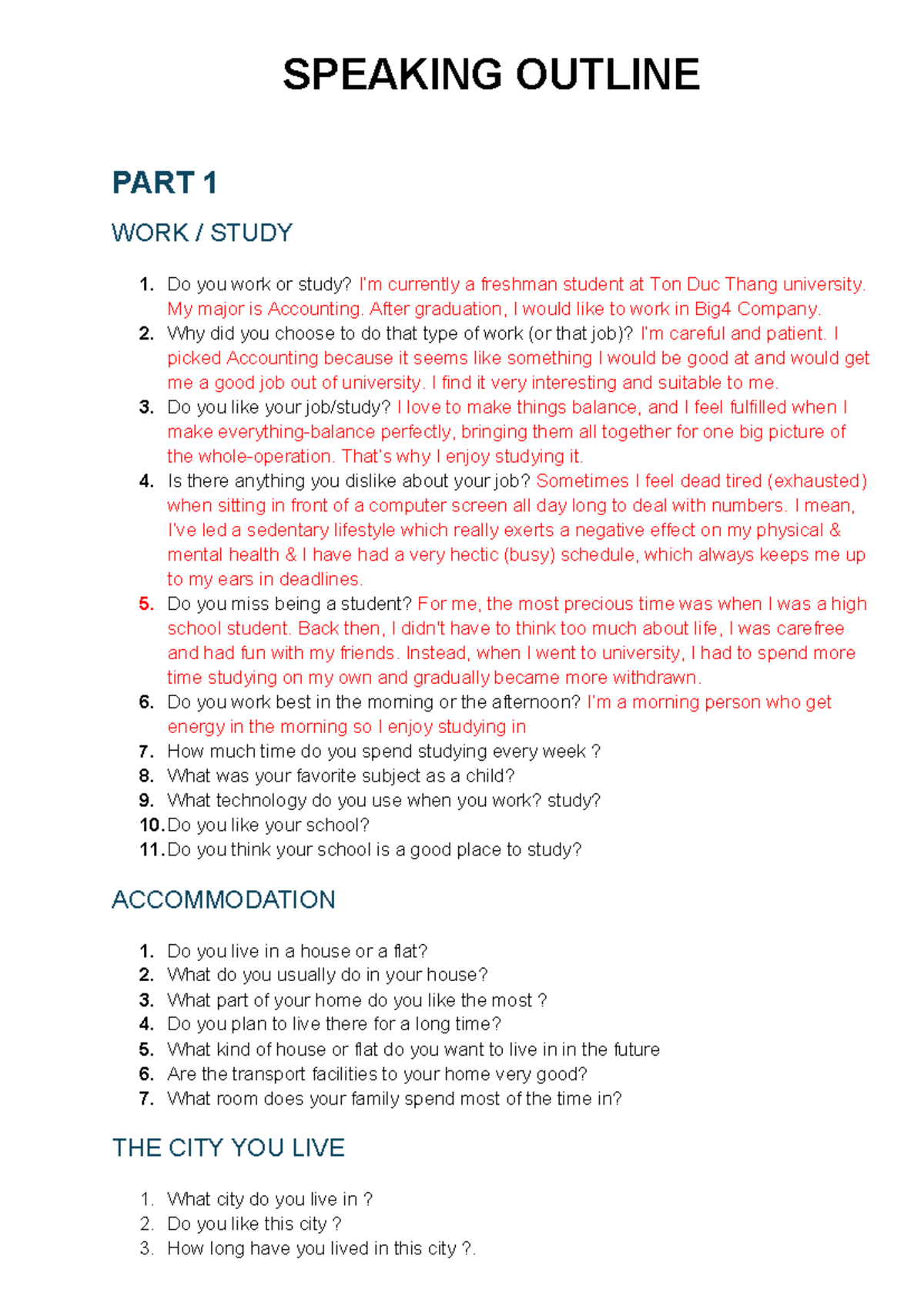 Speaking Outline - nothing - SPEAKING OUTLINE PART 1 WORK / STUDY 1. Do ...