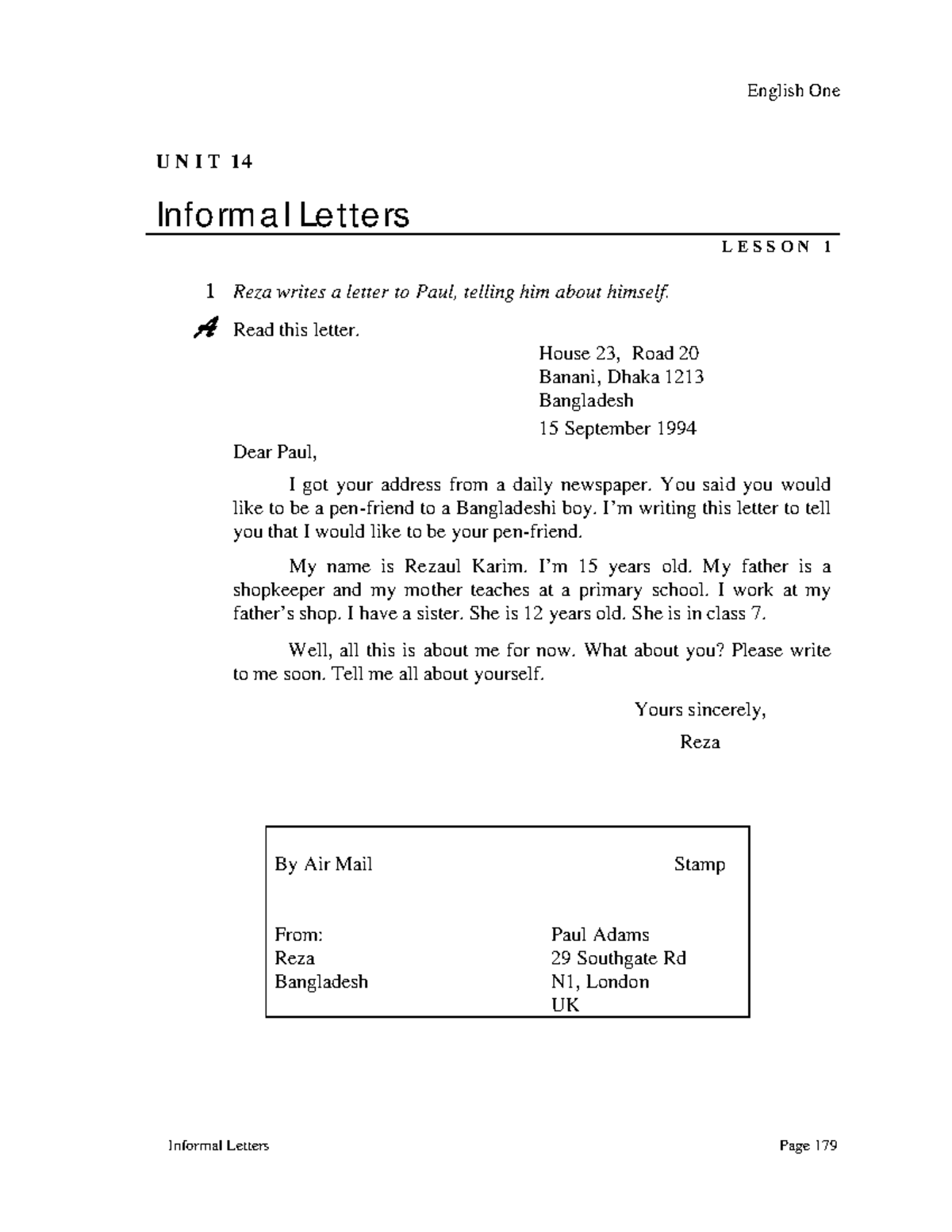 English One UNIT 14 Informal Letters - Lesson 1 to 3 Overview - Studocu