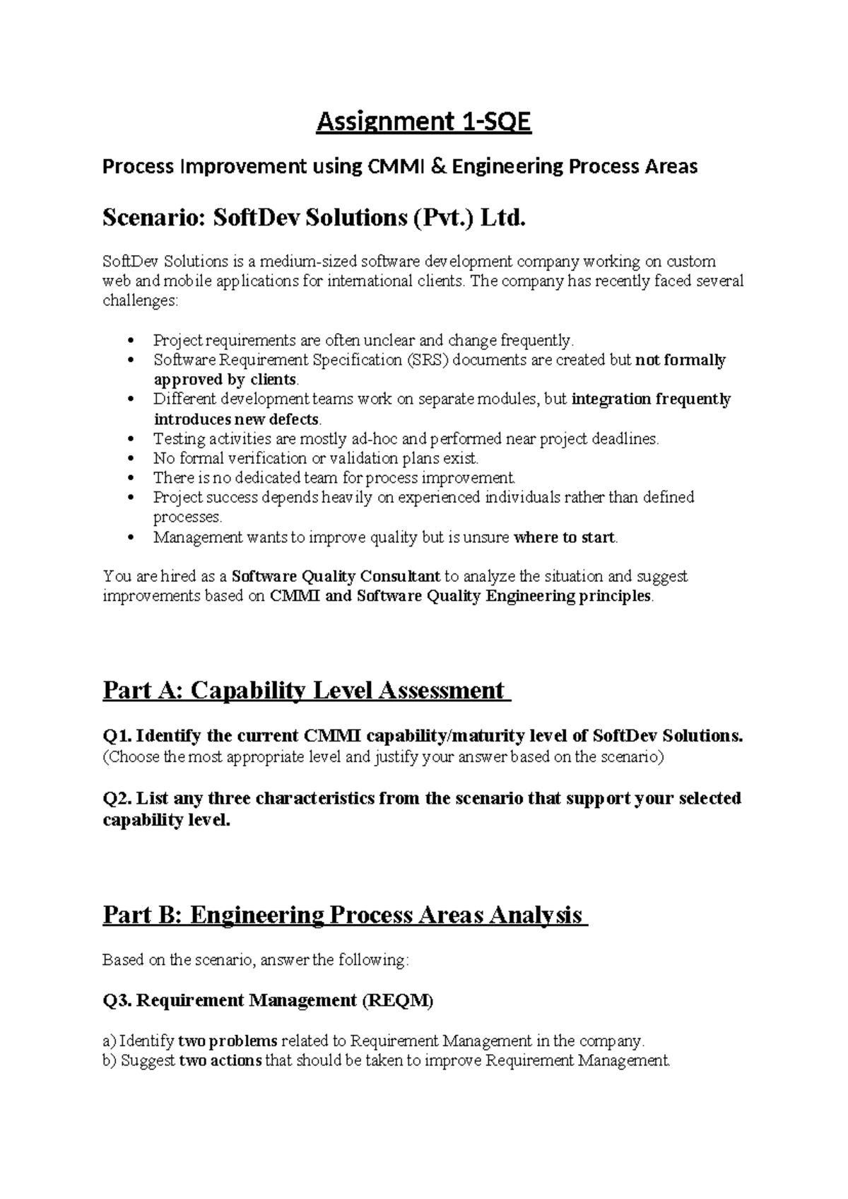 Assignment 1 SQE: CMMI Process Improvement for SoftDev Solutions - Studocu