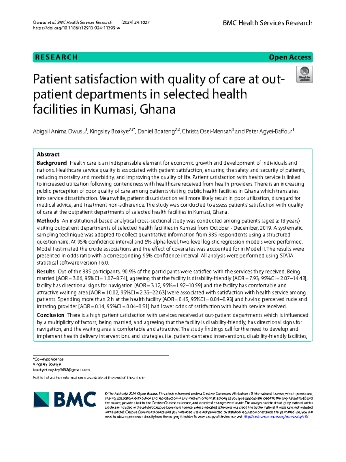 Patient Satisfaction with Quality of Care in Kumasi, Ghana: A Study ...