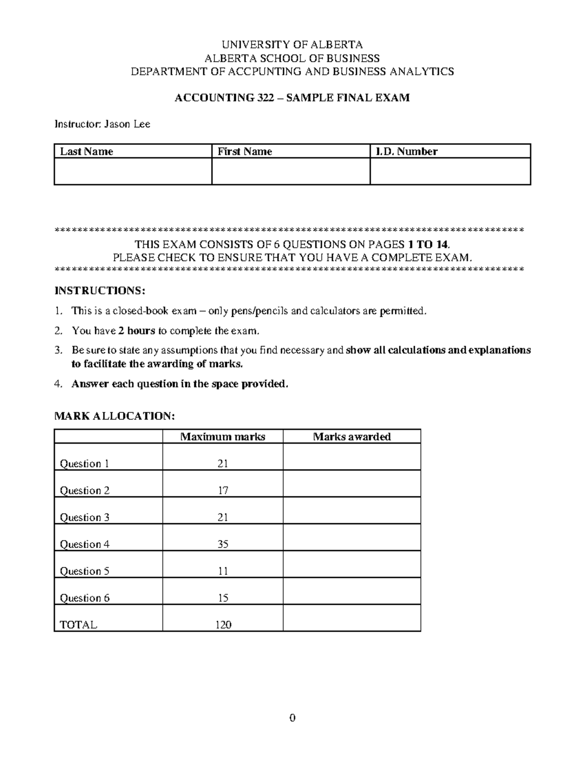 Acctg 322 Fall 2022 Sample Final Exam - UNIVERSITY OF ALBERTA ALBERTA ...