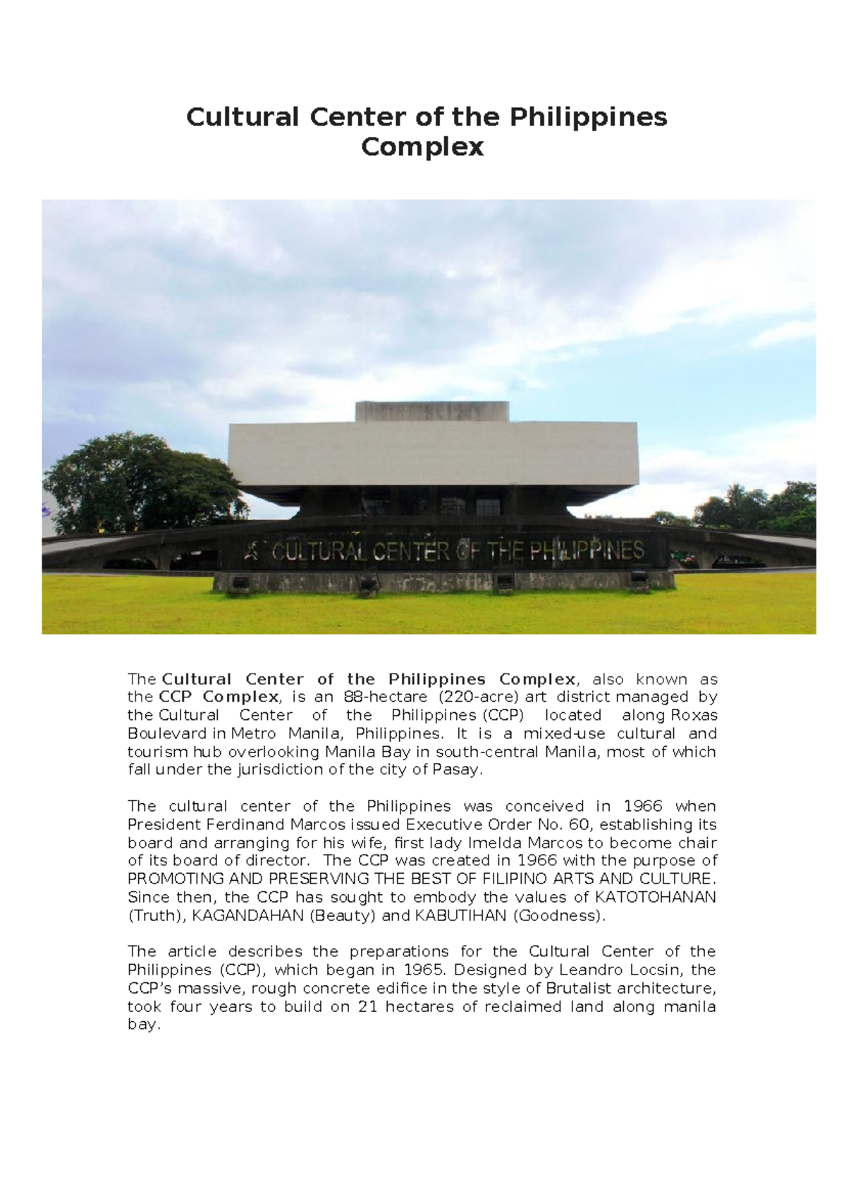 Cultural Center of the Philippines (CCP) Complex Overview - Studocu