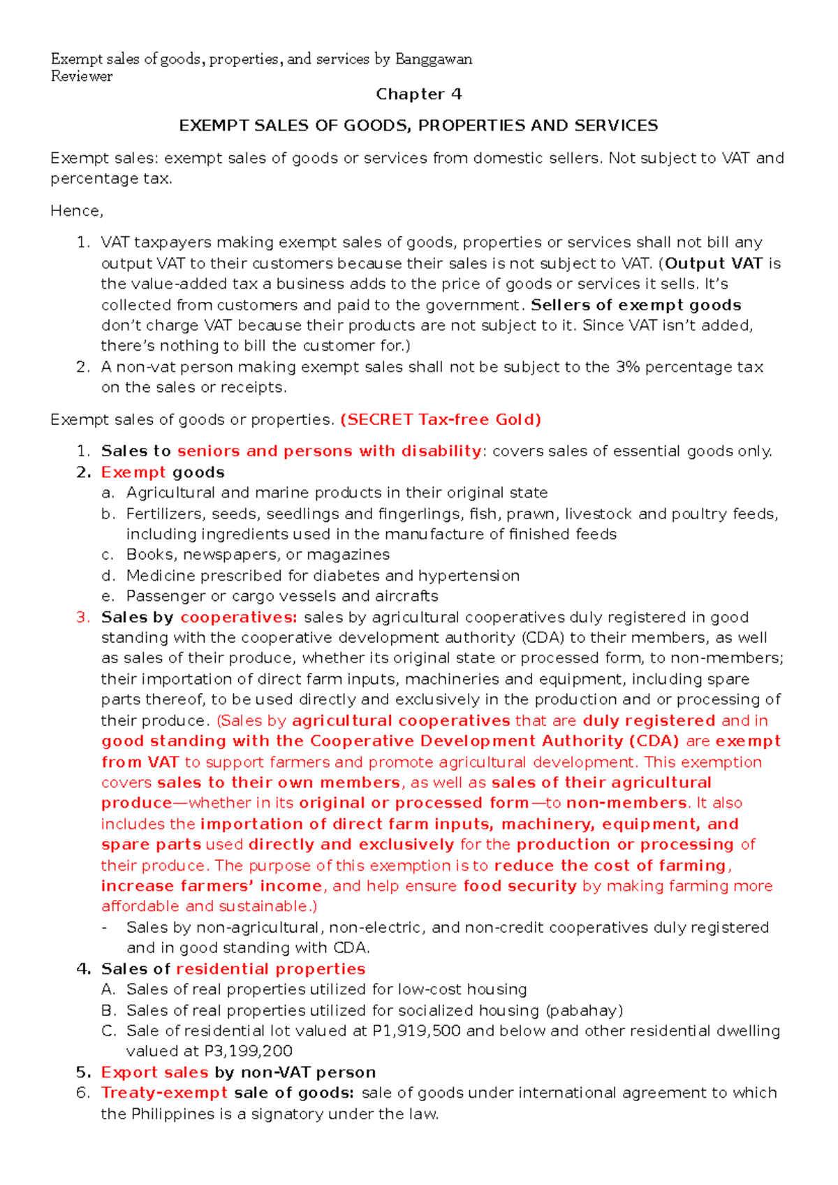 Exempt sales on goods, properties, and services - Reviewer Chapter 4 ...