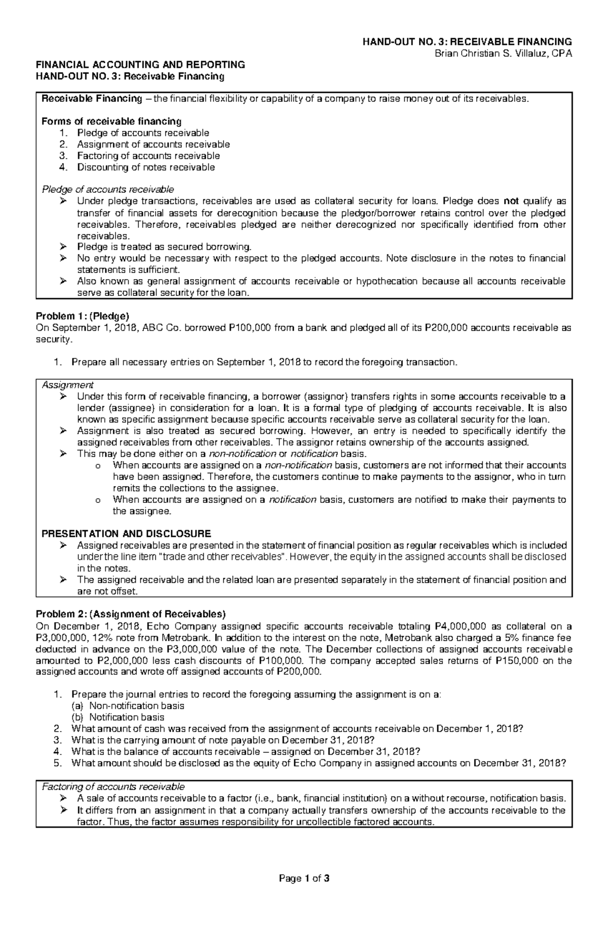 BSA 3 - Receivable Financing Handout and Exercises for Students - Studocu
