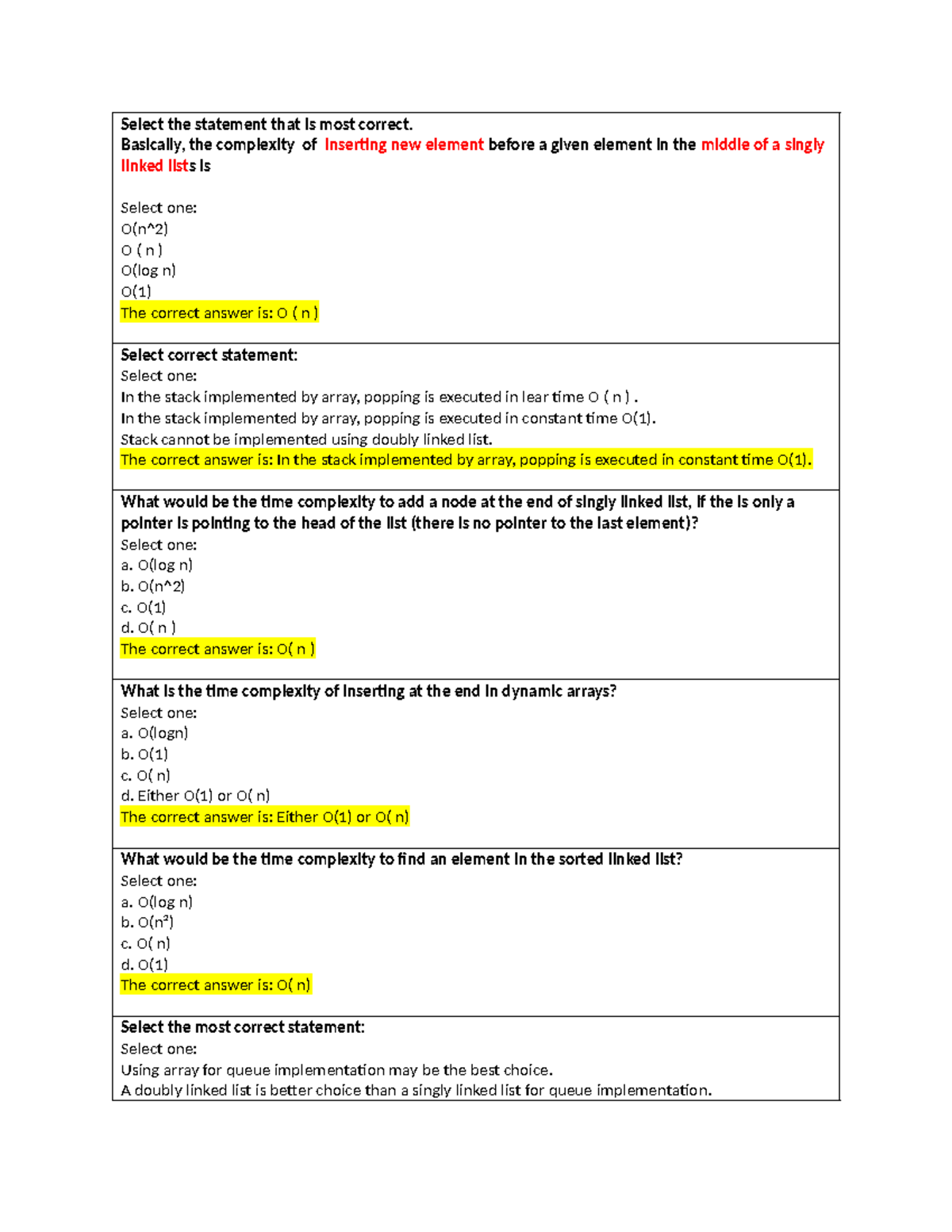 Key csd O(n) - ôn thi fe csd - Select the statement that is most ...