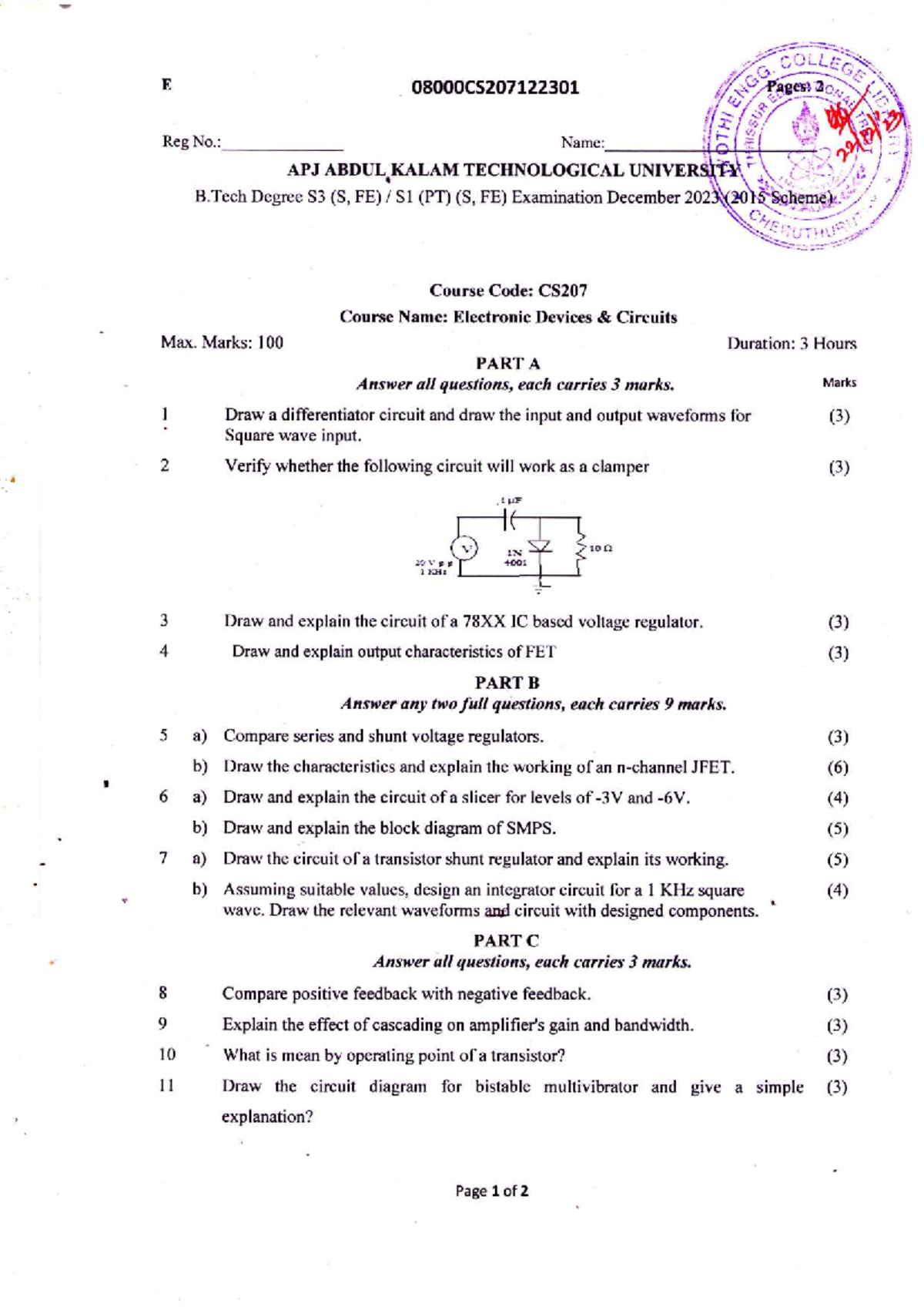 CS207 Final Exam: Electronic Devices & Circuits - Studocu