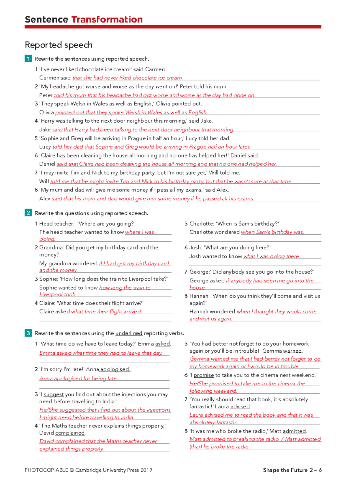 Transformations Practice: Reported Speech Answer Key (ENG 101) - Studocu