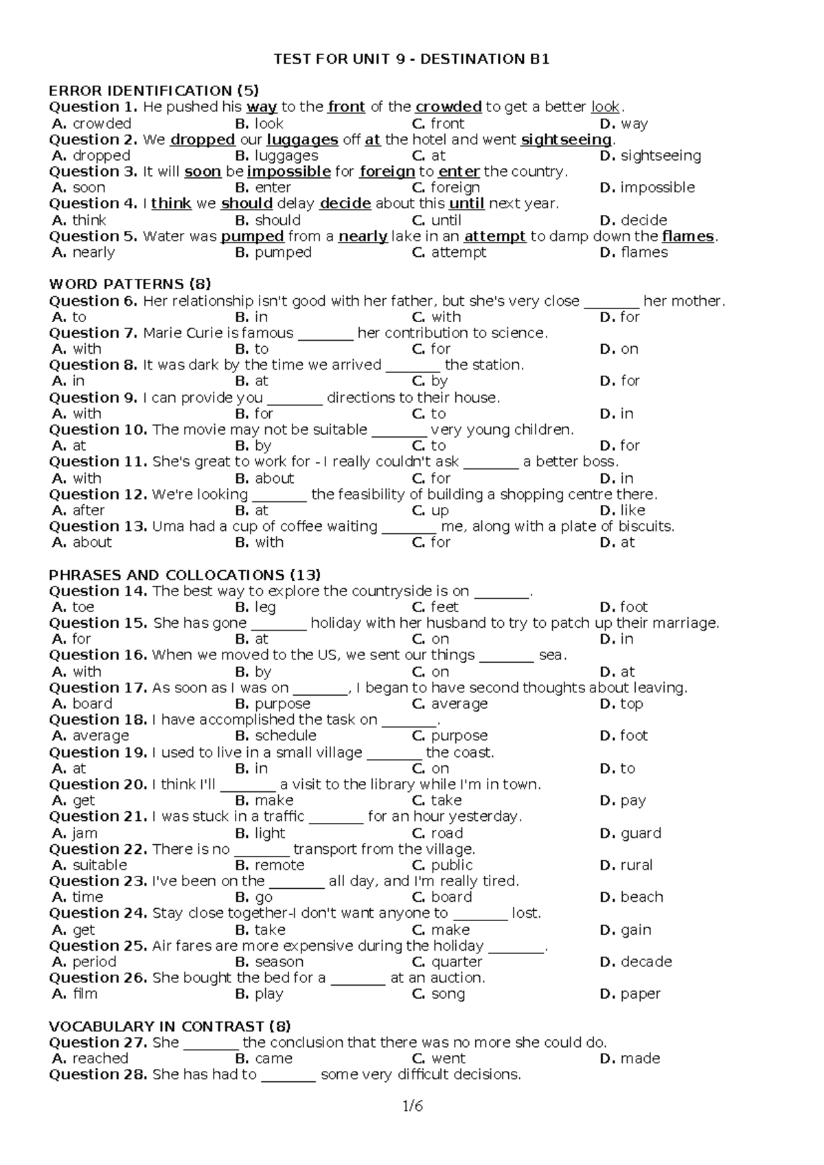 TEST UNIT 9 DESTINATION B1 ERROR IDENTIFICATION & ANSWERS - Studocu