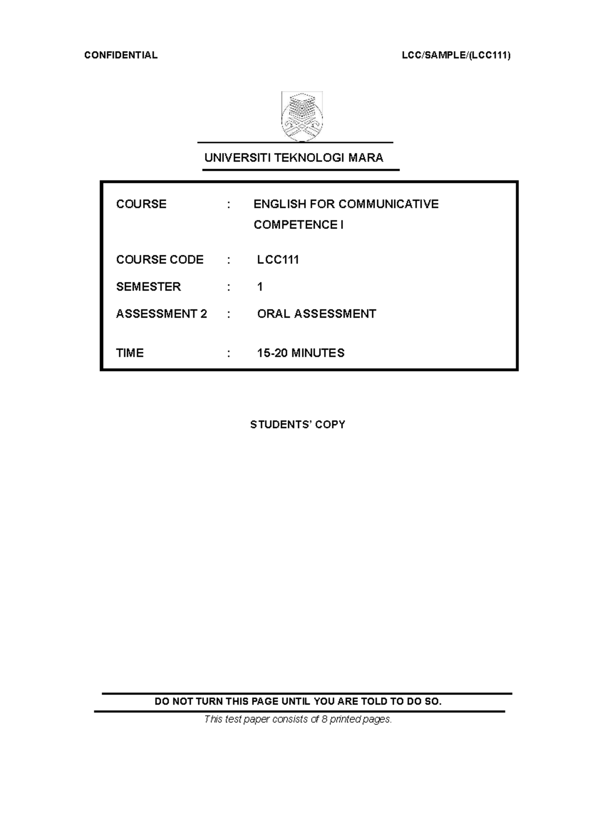 LCC111 Oral Assessment Guideline for Communicative Competence 1 - Studocu