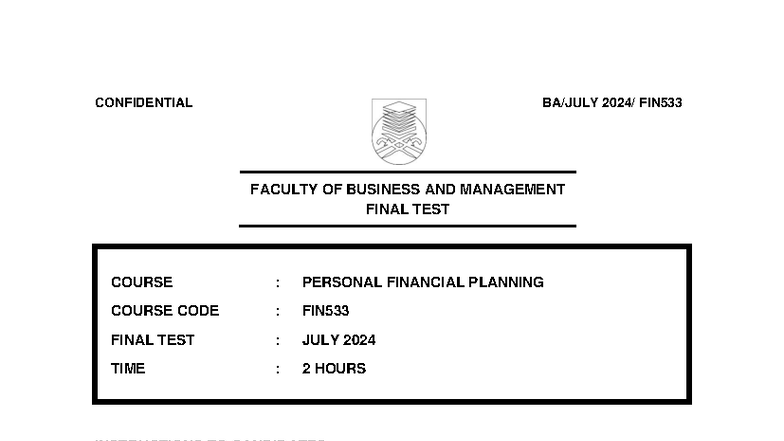 FIN533 Personal Financial Planning Final Test - July 2024 - Studocu