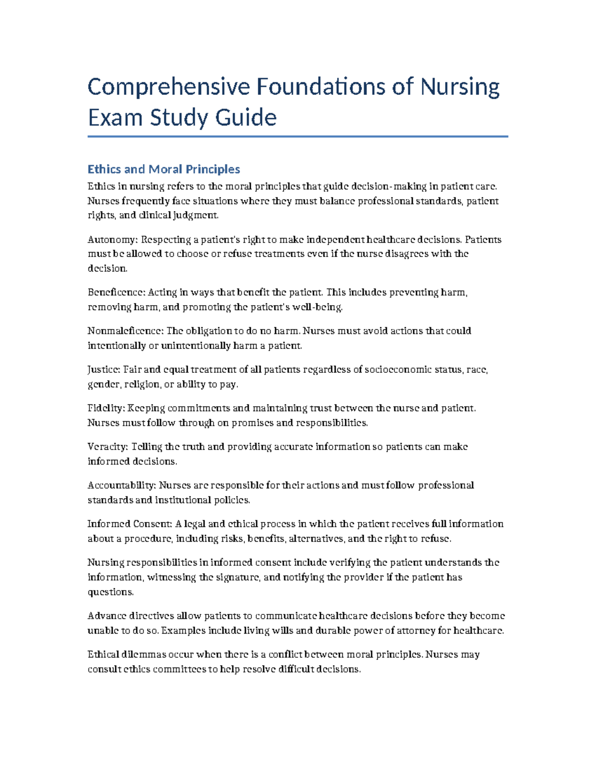 NUR 101: Comprehensive Nursing Exam Study Guide on Ethics ...