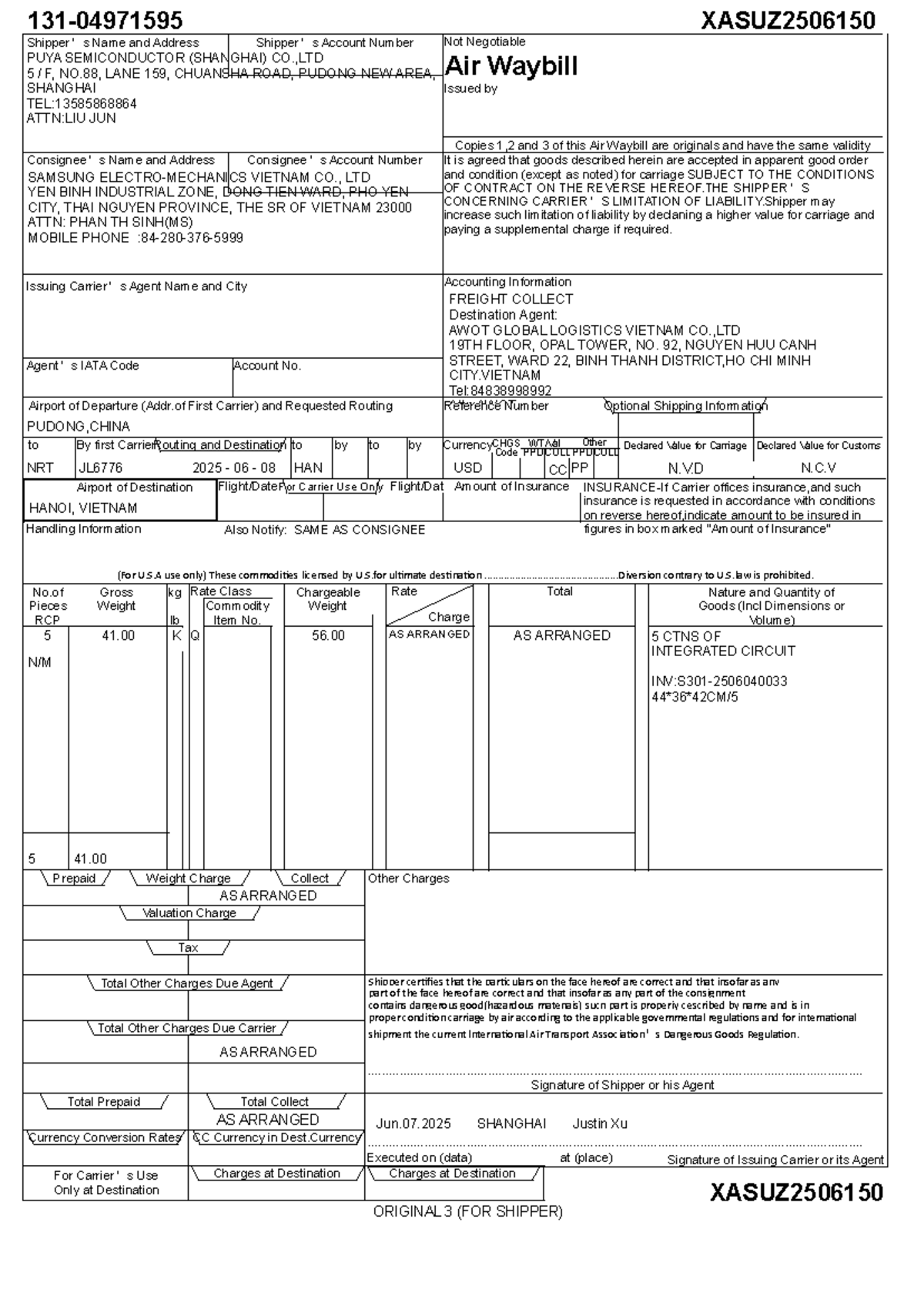 HAWB XASUZ2506150 - Air Waybill for PUYA & SAMSUNG Shipments - Studocu
