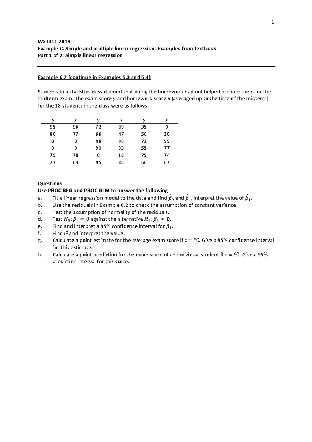 WST311 2019 Midterm Exam: Simple & Multiple Linear Regression Analysis ...