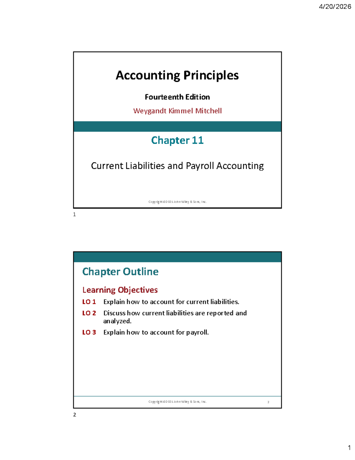 Chapter 11: Current Liabilities and Payroll Accounting (ACCT 101) - Document Preview