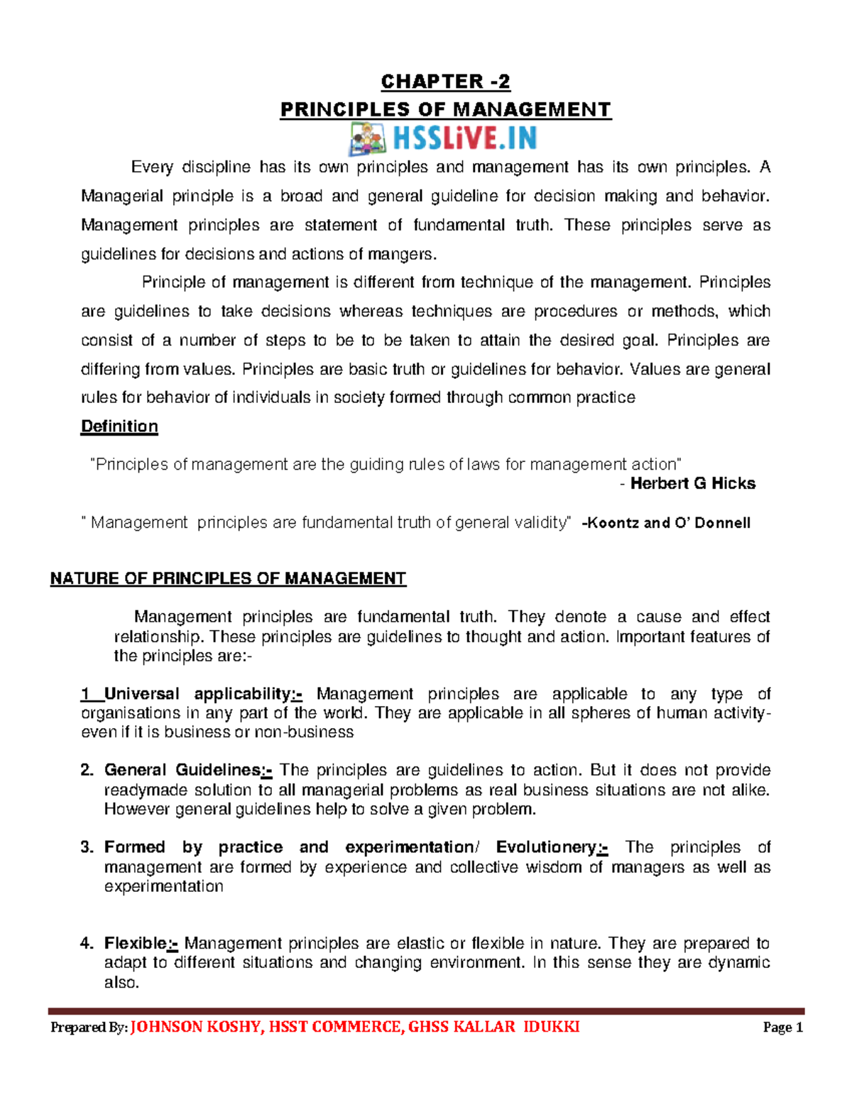 HSSLIVE XII BS Chapter 2 - Principles of Management Overview - Studocu