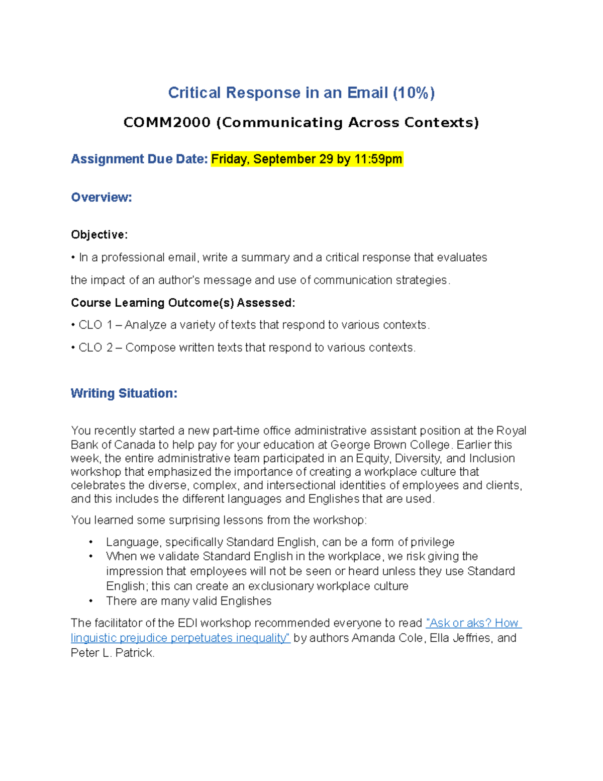 Critical Response Email Assignment (10%) - COMM2000 - Studocu