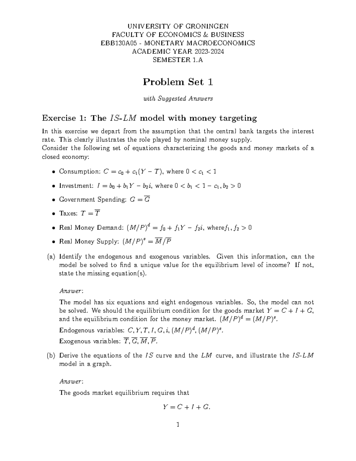 Monetary Macroeconomics EBB130A05 - Problem Set 1 Answers - Studeersnel