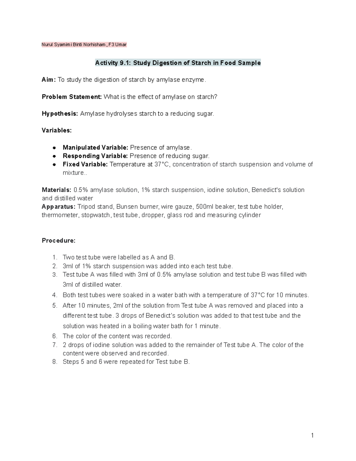 Biology Lab Report on Starch, Lipid Digestion (Activity 9.1, 9.3) - Studocu