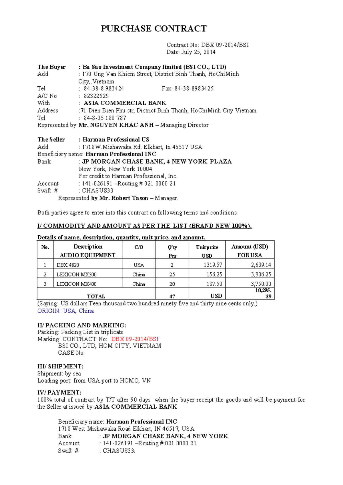 Purchase Contract 2 - PURCHASE CONTRACT Contract No: DBX 09-2014/BSI ...
