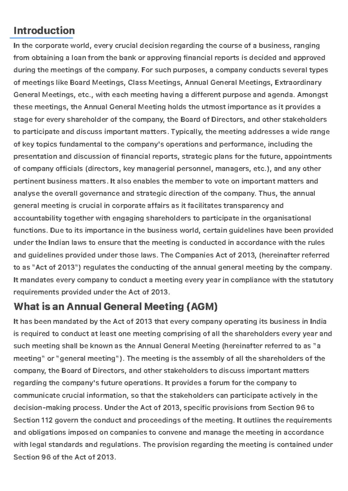 AGM - law notes - Introduction In the corporate world, every crucial ...