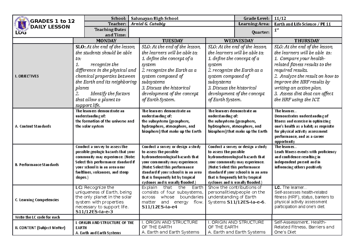 Earth and Life Science PE Daily Lesson Log: Week 1 (Grade 11) - Studocu
