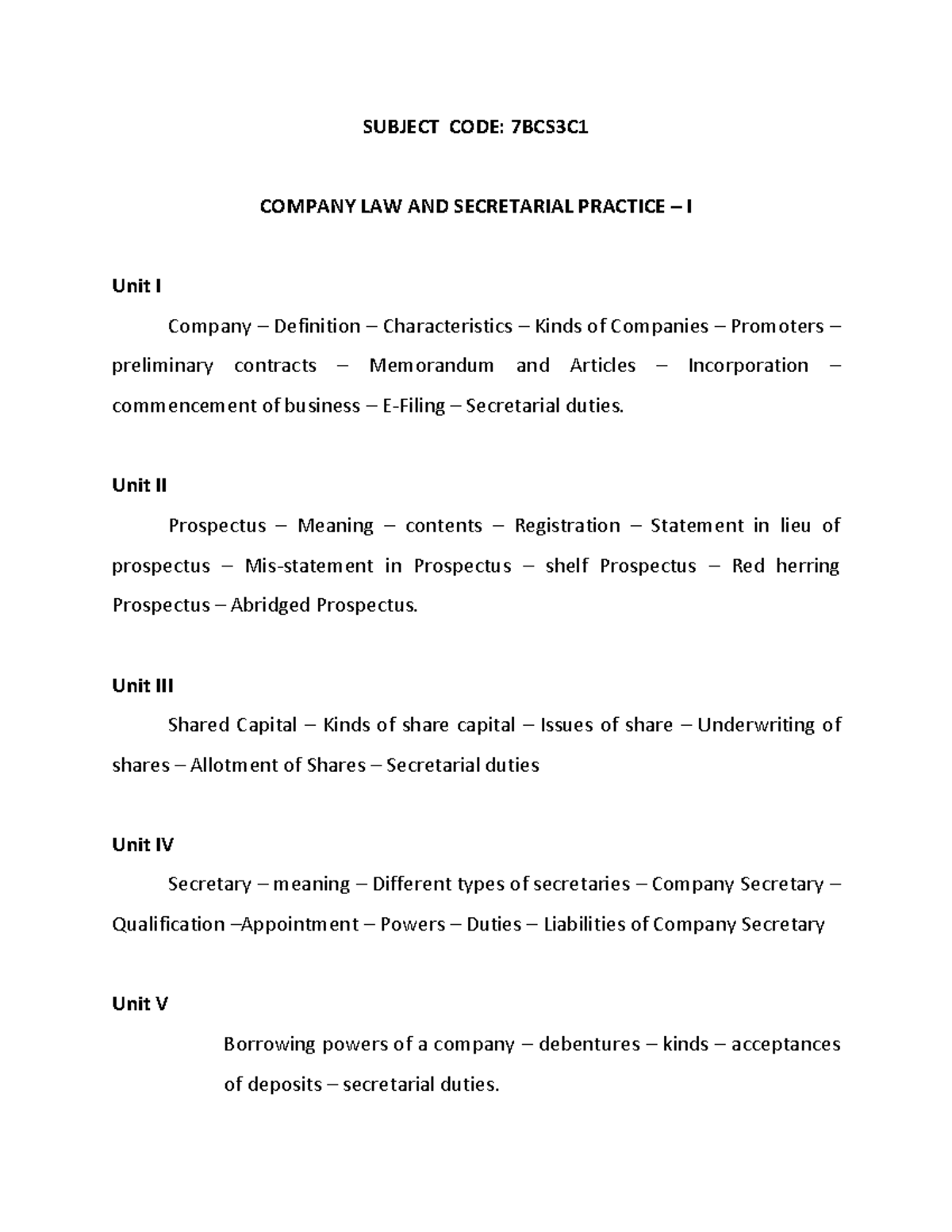 7BCS3C1 COMPANY LAW AND SECRETARIAL PRACTICE I: Unit Overview and Key ...