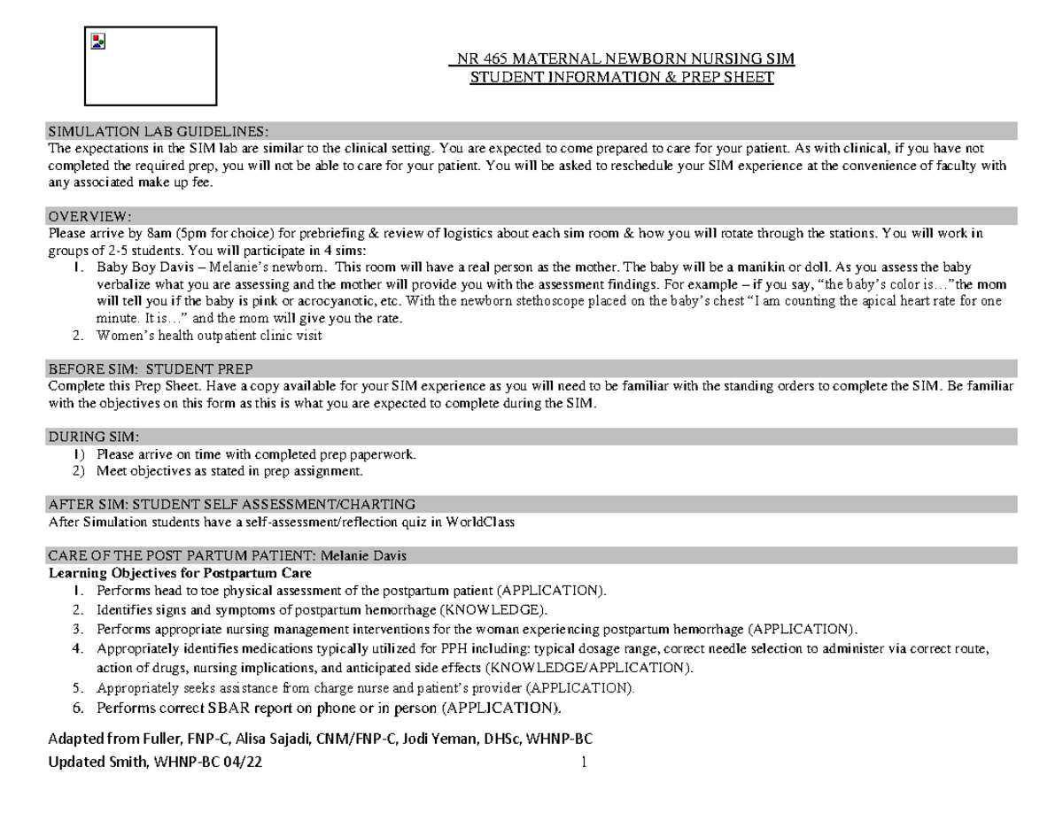 NR 465 Maternal Newborn Nursing Simulation: Prep Sheet for Success ...