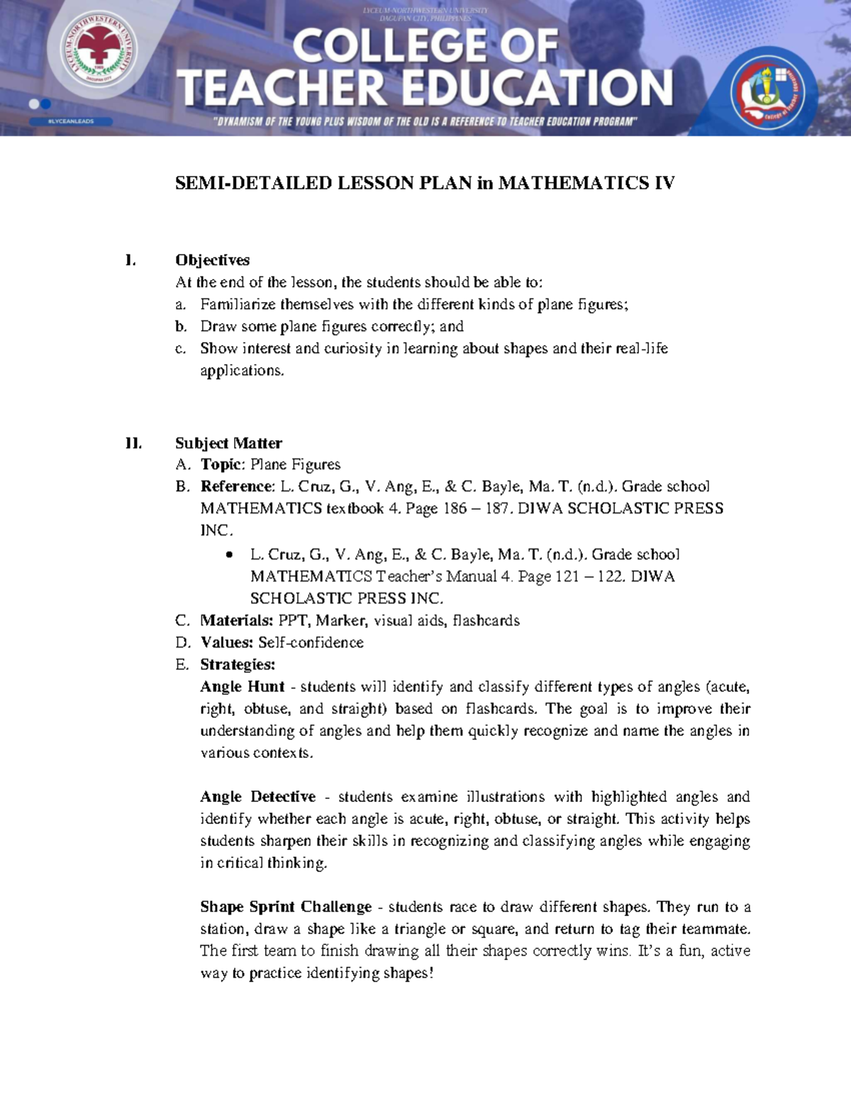 DLP MATH 4 - Plane Figures - SEMI-DETAILED LESSON PLAN in MATHEMATICS ...