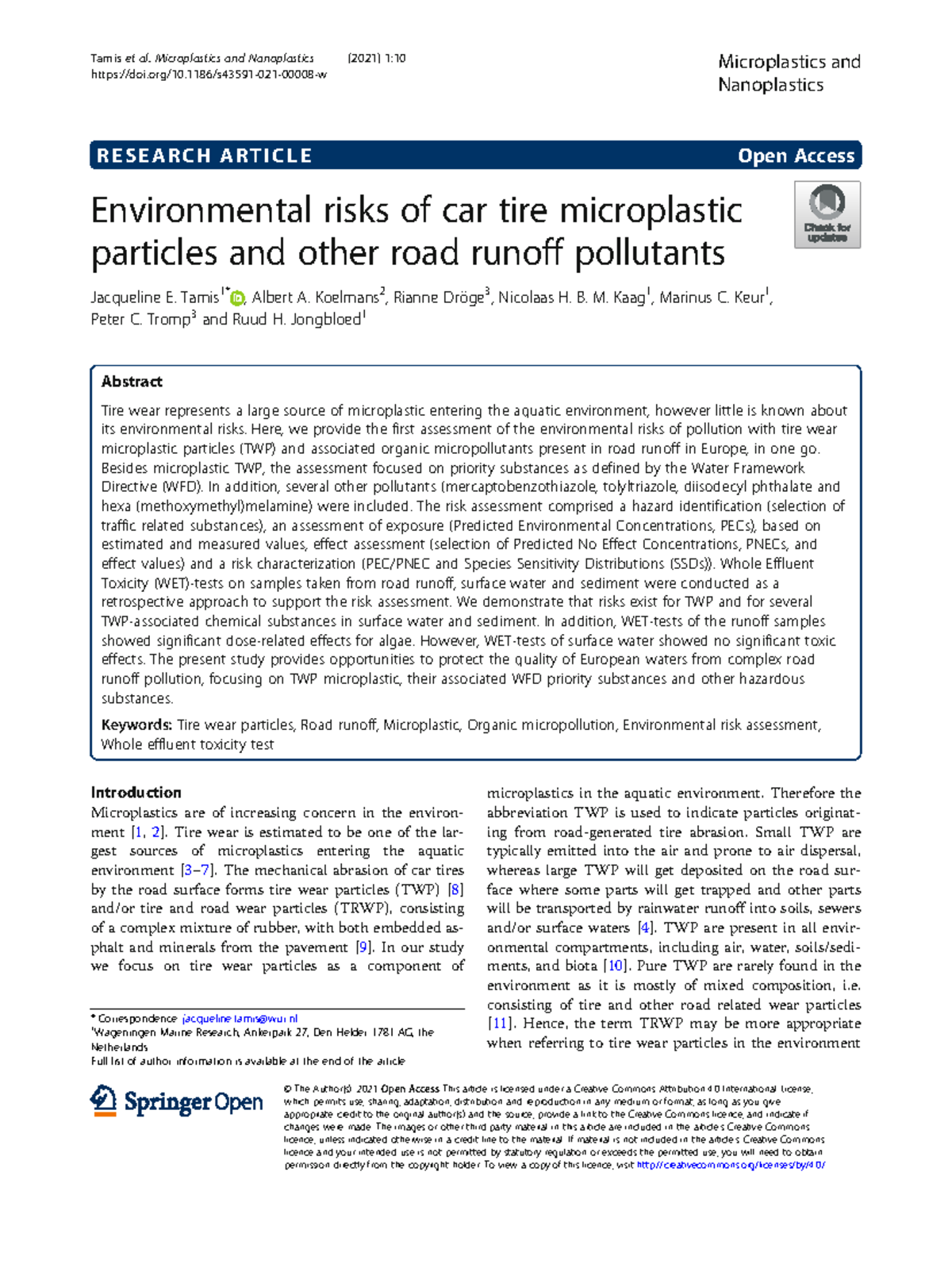 Environmental Risks of Tire Wear Microplastics in Road Runoff (ENV-340 ...
