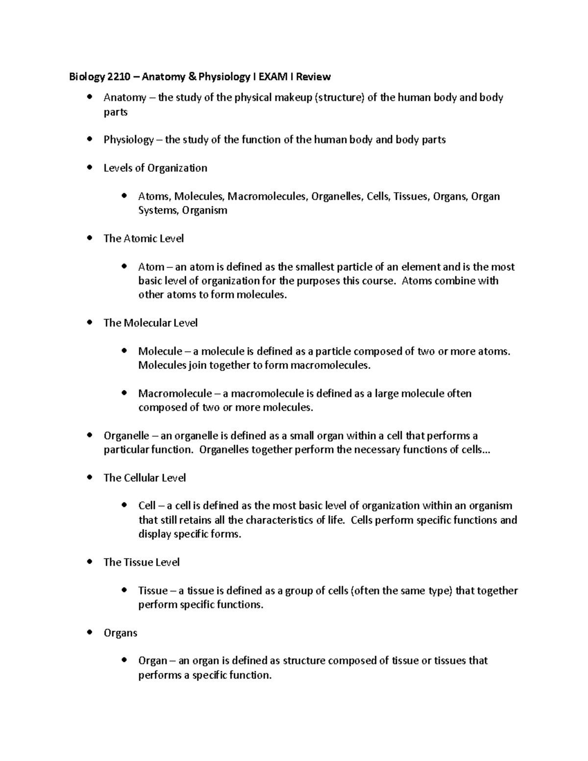 Biology 2210 - Anatomy & Physiology I Exam I Study Guide - Studocu