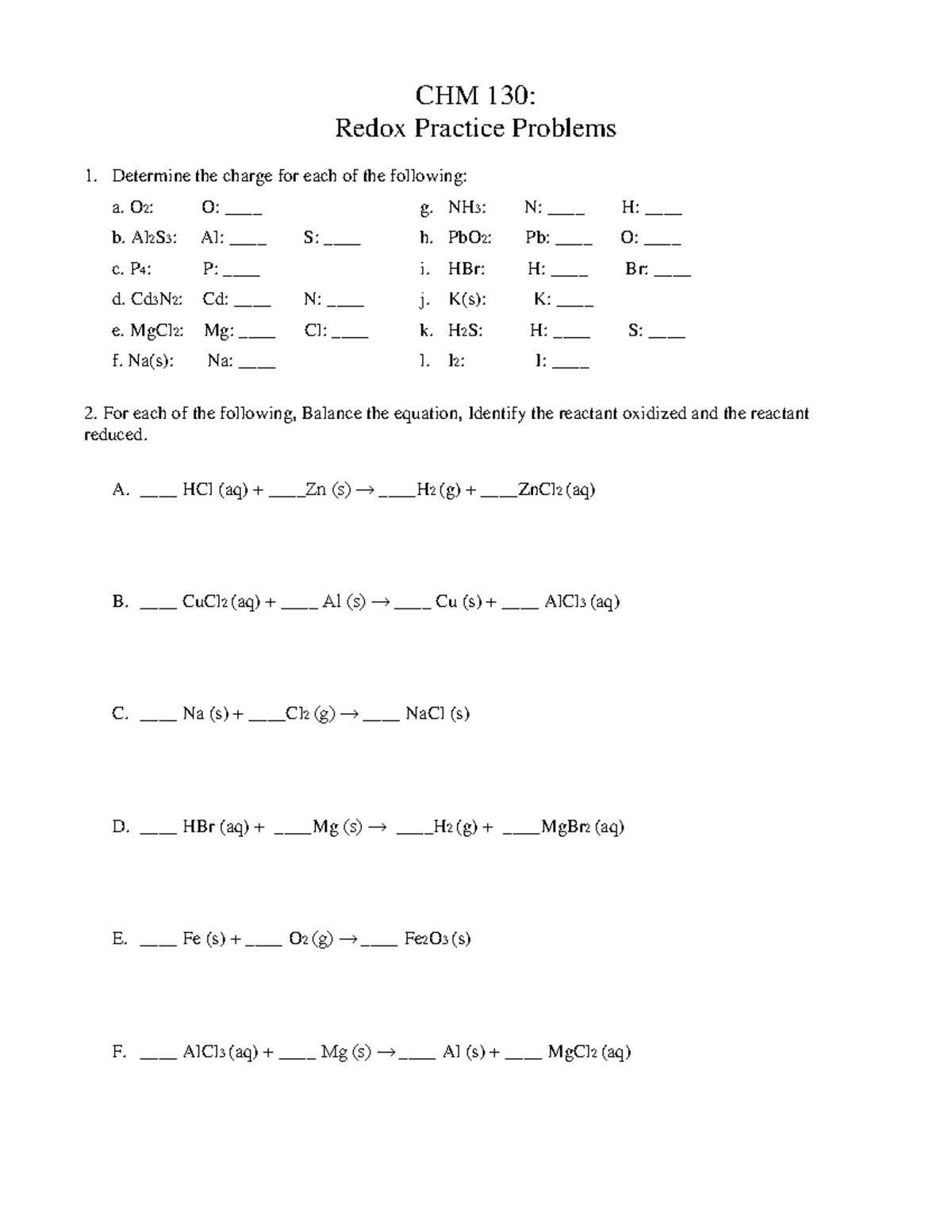 CHM 130: Redox Practice Problems and Key Solutions - Studocu